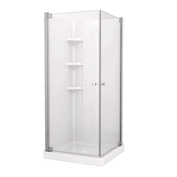 Foundations 32 in. L x 32 in. W x 74 in. H Center Corner Shower Stall/Kit in High Gloss White