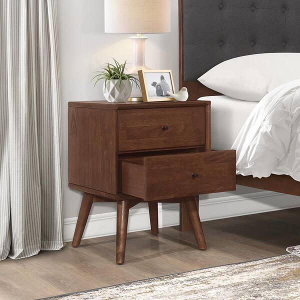 2-Drawers Nightstand with Tapered Feet and Metal Hardware Pulls, Sturdiness Wood Frame, Bedroom/Living Room Furniture - Dark Grey