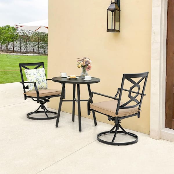 Nuu Garden 3 Piece Metal Swivel Patio Bistro Set with Tan Cushions