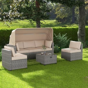 Outdoor Gray 6-Pieces Wicker Rattan Outdoor Day Bed Patio Furniture Sets with Canopy and Beige Cushions