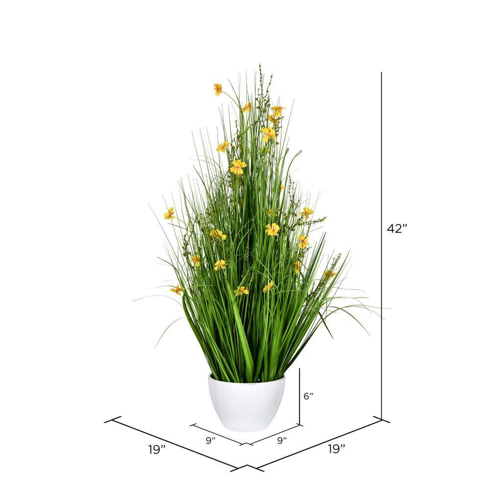 Elegant 42" Yellow Cosmos & Green Grass Outdoor Arrangement in Classic White Pot