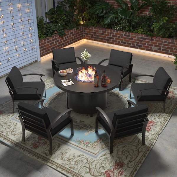 7-Piece Black Aluminum Outdoor Patio Set with Round Fire Pit, 6 Arm Chairs, Wind Guard, Black