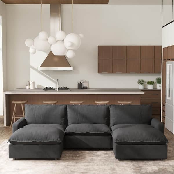 116 in. Square Arm 5-piece Linen Modular Free Combination sofa Sectional Sofa with Ottoman in Gray For Living Room