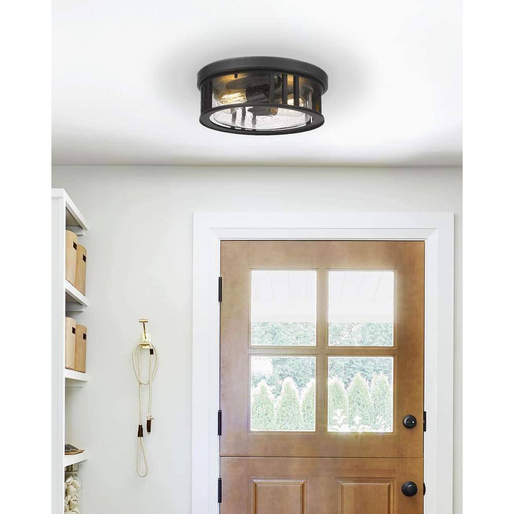 Black Metal and Glass 2-Light Drum Flush Mount Ceiling Light