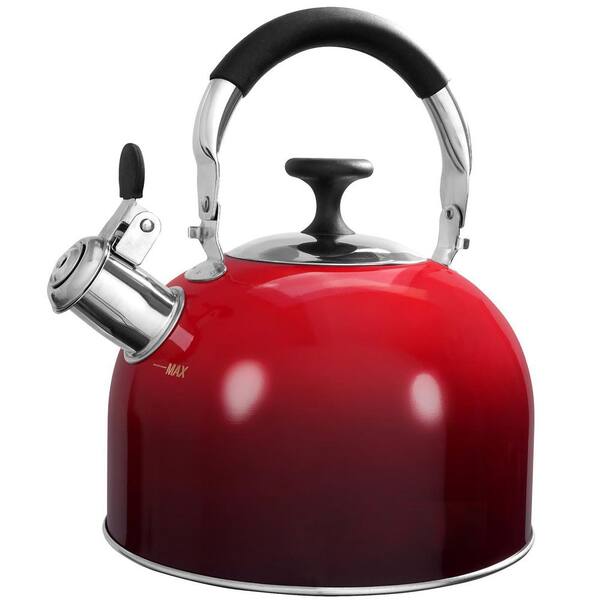 2.5 qt. 10-Cup Red Stainless Steel Whistling Tea Kettle for Stove Top with Folding Handle, Food Grade Water Teapot