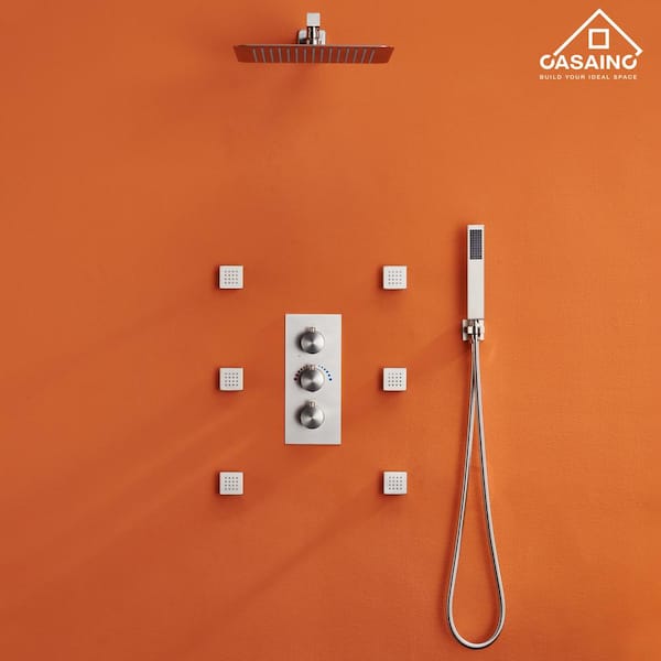 1-Spray Patterns with 2.5 GPM 12 in. Wall Mount Dual Shower Heads with Body Sprays in Brushed Nickel