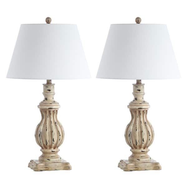 SAFAVIEH Tanner 31 in. Antique Brown Carved Table Lamp with Off-White Shade (Set of 2)