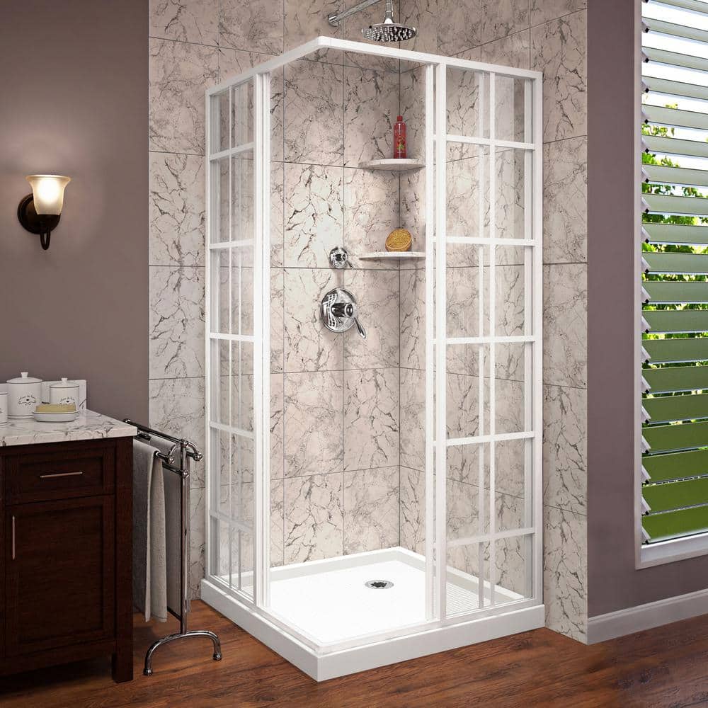 White Framed Square Sliding Shower Enclosure with Clear Glass