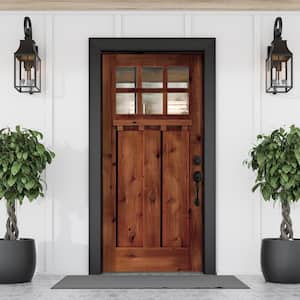 36 in. x 80 in. Craftsman Alder Clear 6-Lite Red Chestnut Stain Wood/Dentil Shelf Left Hand Single Prehung Front Door