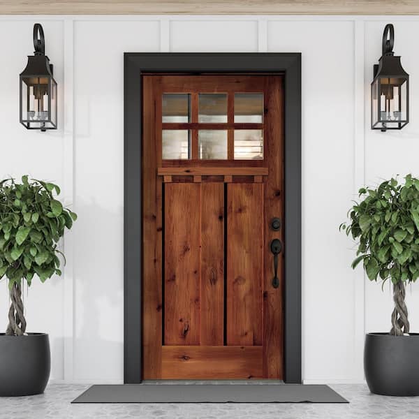 36 in. x 80 in. Craftsman Alder Clear 6-Lite Red Chestnut Stain Wood/Dentil Shelf Left Hand Single Prehung Front Door