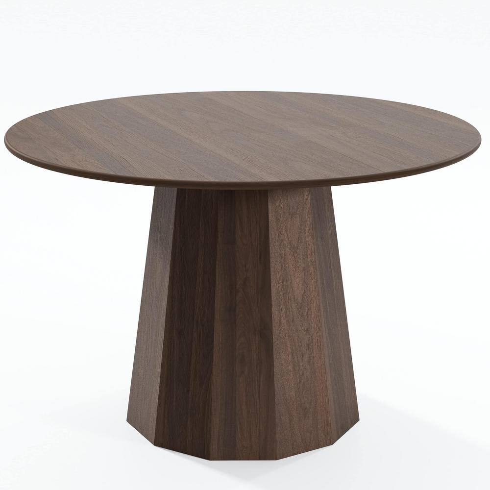 46 in. Natural Oak Wood Walnut Color Column Pedestal Round Kitchen Table Dining Table Seats 4