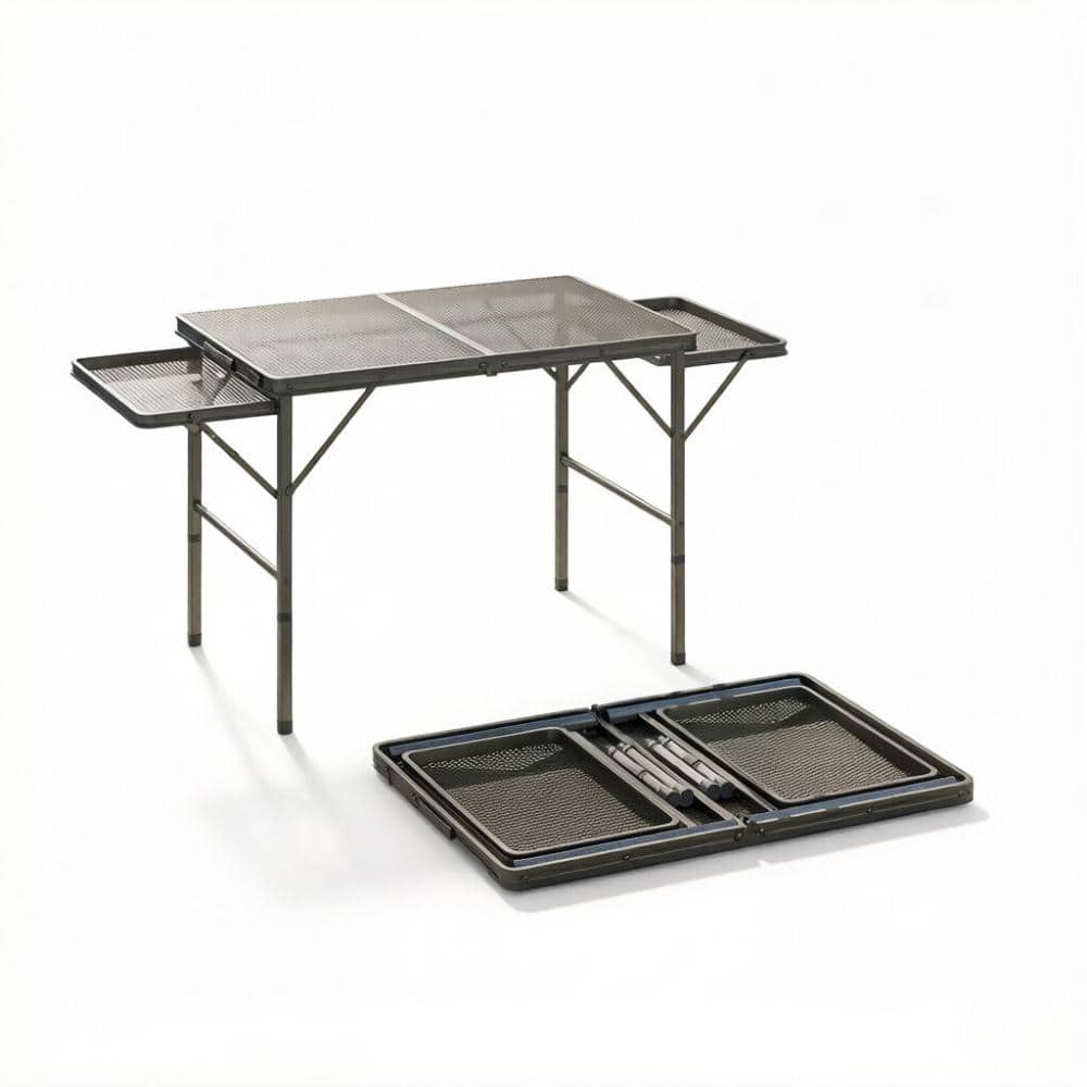Black Metal Portable Patio Table Picnic Table with Foldable Wings