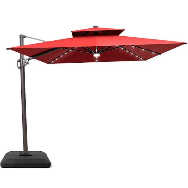 Crestlive Products 9 ft. x 11 ft. LED Rectangular Swivel Double Cantilever Tilt Patio Umbrella in Red with 220 lbs. Base
