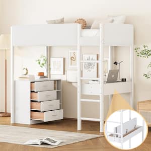White Wood Frame Twin Size Teddy Fleece Upholstered Loft Bed with 4-Drawers, Shelves, Built-in Desk with Hidden Storage