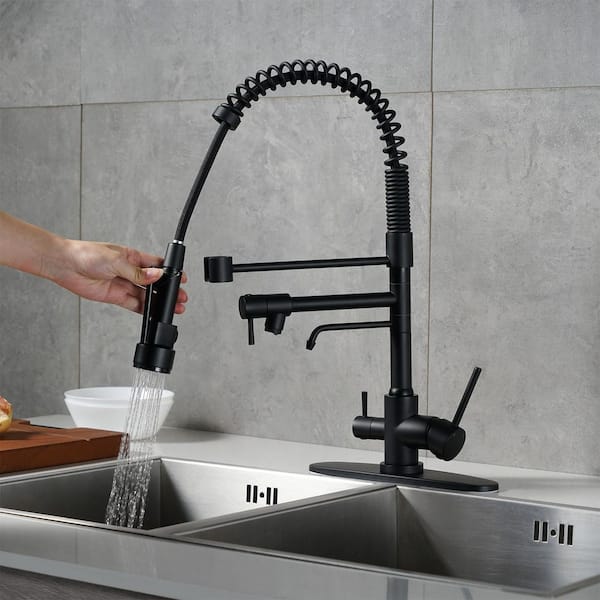 Brass Triple Handle 20 in. H 360° Swivel Pull Down Sprayer Kitchen Faucet with Water Filter Faucet Combo in Matte Black