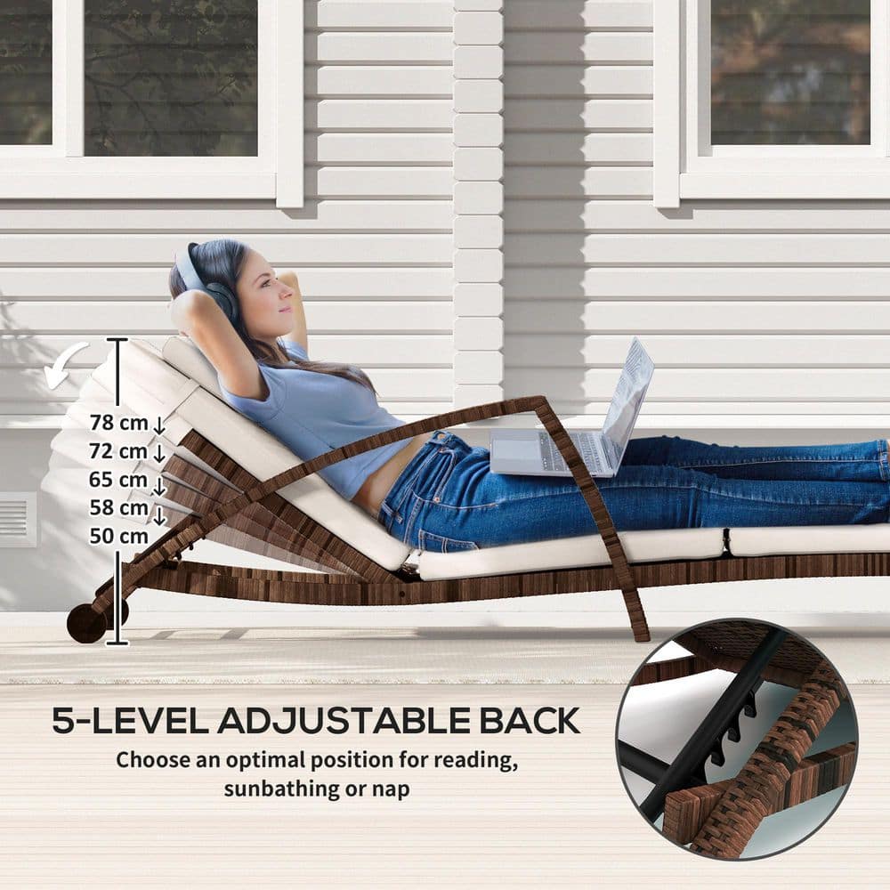 Beige Wicker Outdoor Chaise Lounge with Cushions and Wheels