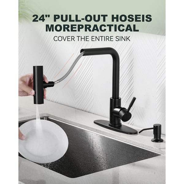 13.5 in. H Single Handle 360° Swivel Pull Out Sprayer Kitchen Faucet w/3-Spray Modes and Soap Dispenser in Matte Black