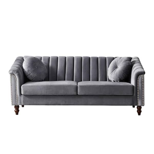 Unbranded 75.2 in. W Flared Arm Velvet 3-Seat Chesterfield Straight Sofa in Gray