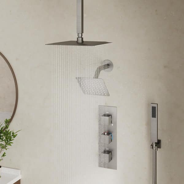 Rainspire 5-Spray 12 in. and 6 in. Ceiling Mount Square High Pressure Shower System with Valve in Brushed Nickel