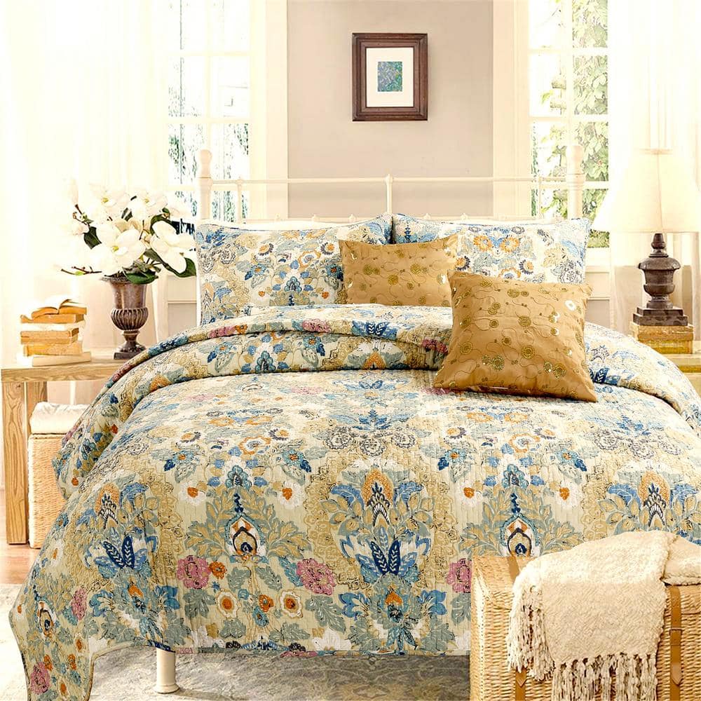 Cozy Line Home Fashions Vintage Luxury Classic 3-Piece Beige Yellow Beige  Blue Floral Garden Cotton Queen Quilt Bedding Set BB20170512Q - The Home