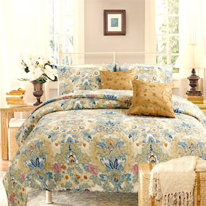 Vintage Luxury Classic 3-Piece Beige Yellow Beige Blue Floral Garden Cotton Queen Quilt Bedding Set