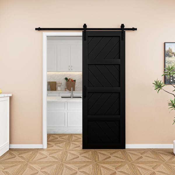 30 in. x 84 in. Black Finished 4-Lite Wave Pattern Style MDF Sliding Barn Door with Hardware Kit