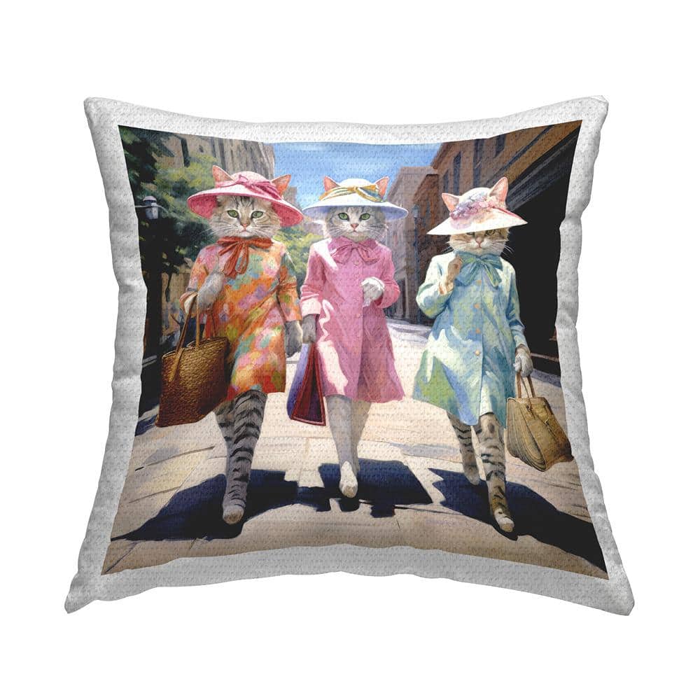 Cats Shopping in Town Multicolor Square Outdoor Throw Pillow