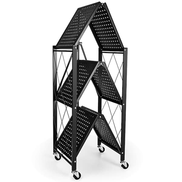 Amucolo Black Heavy Duty 3-Tier Foldable Metal Rack Storage Shelving Unit with Wheels(27.5 in. W x 31 in. H x 13.5 in. D)