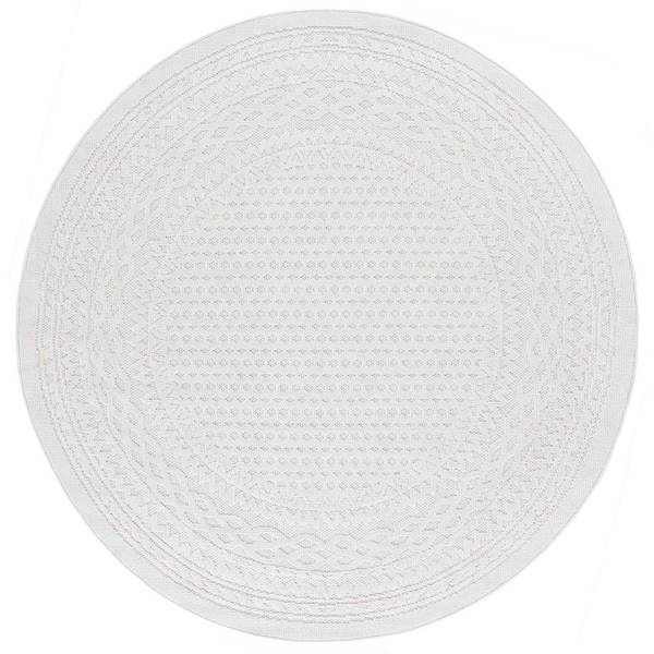 SAFAVIEH Global Light Beige/Ivory 7 ft. x 7 ft. Solid Ornate Border Round Indoor/Outdoor Area Rug