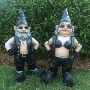 14.5 in. H Biker Dude and Babe Biker Gnomes in Leather Motorcycle Riding Gear Home and Garden Gnome Statue