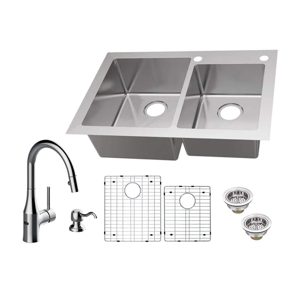 Glacier Bay Dual Mount 2000 Gauge Stainless Steel 2000 in. 200 Hole 200/200 Double  Bowl Kitchen Sink with Pull Down Sensor Kitchen Faucet VDR2000200200A200P20CP