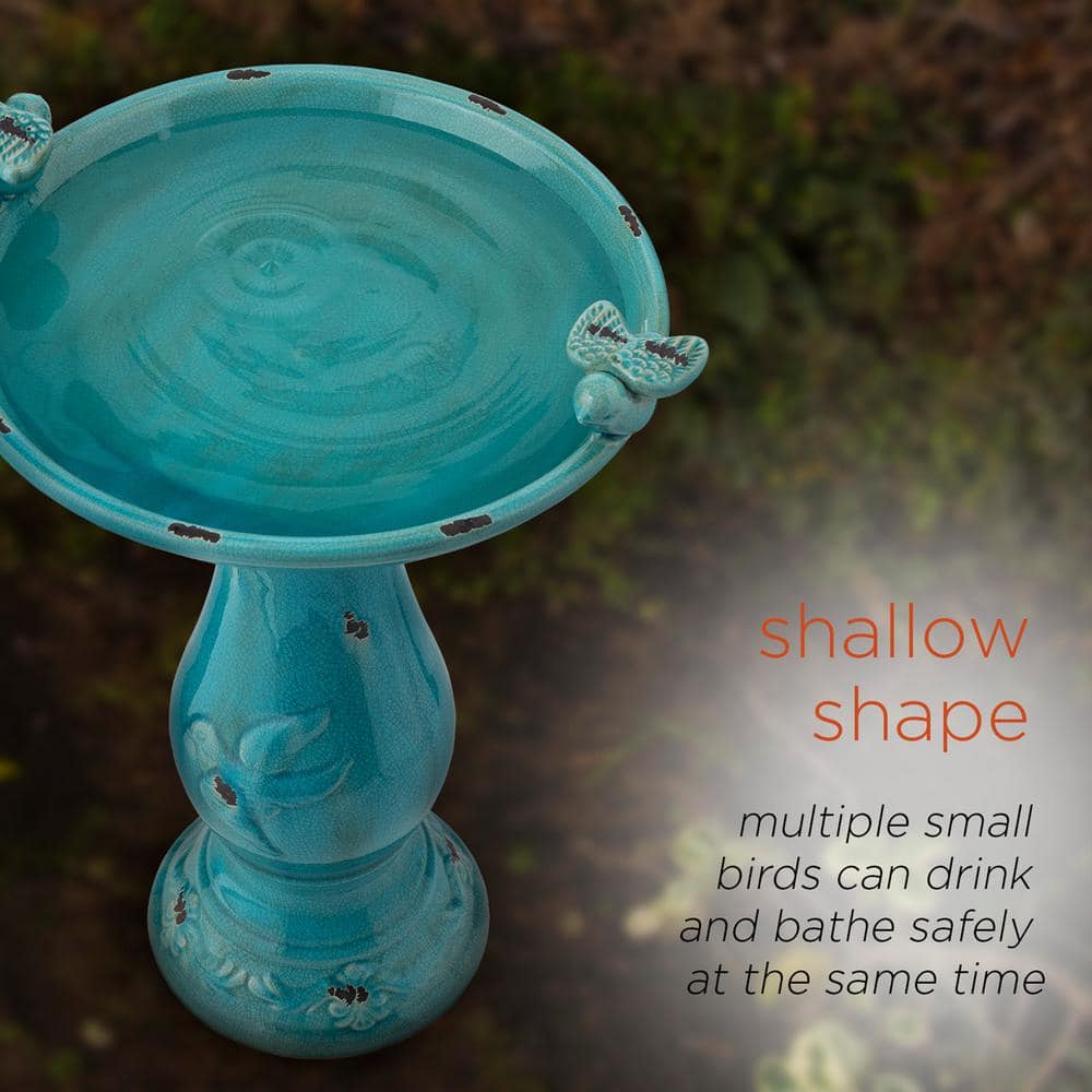 Turquoise Ceramic Pedestal Bird Bath with Bird Figurines