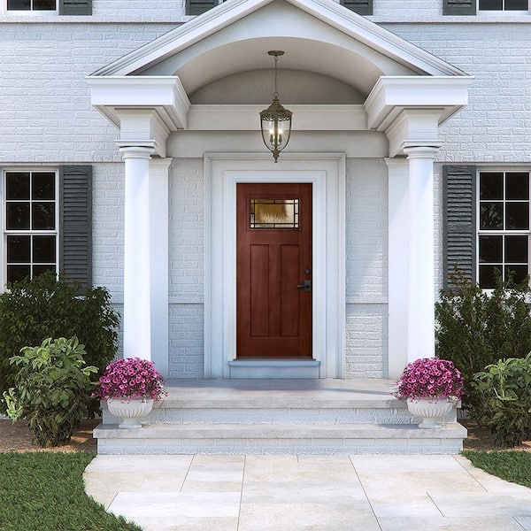 36 in. x 80 in. Left-Hand 1-Lite Craftsman Wendover Black Cherry Stained Fiberglass Prehung Front Door with Brickmould