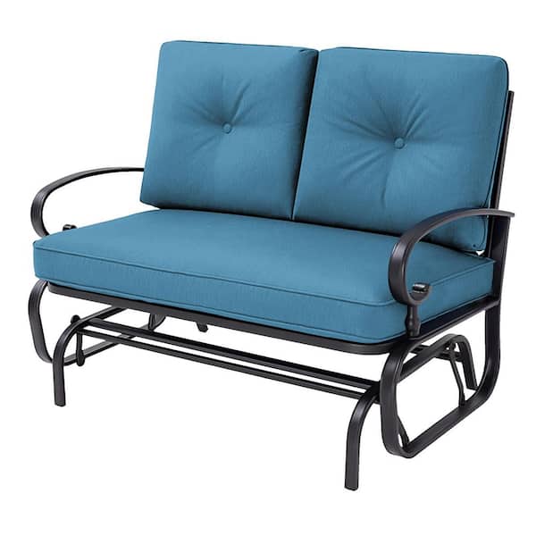 Unbranded 2-Person Metal Outdoor Rocking Chair, Glider Bench with Cushion, Loveseat for Porch, Patio, Garden (Peacock Blue)