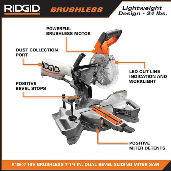 RIDGID - 18V Brushless Cordless 7-1/4 in. Dual Bevel Sliding Miter Saw with 18V Lithium-Ion 4.0 Ah Battery (2-Pack)