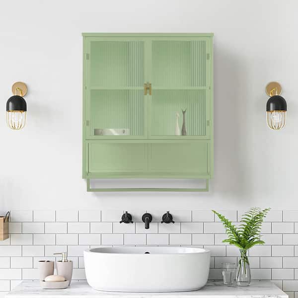 Tahanbath 23.62 in. Modern Green 2-Door Wall Cabinet with 2-Tier Storage, Open Shelf, and Towel Rack for Multiple Rooms