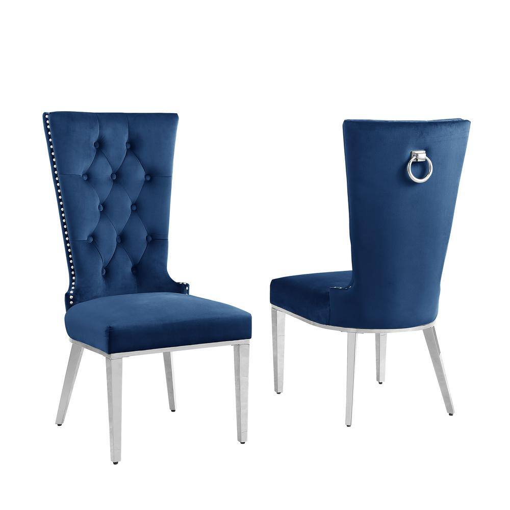 Navy Blue and Silver Glass Top Dining Set with 6 Chairs