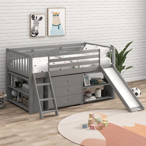 Qualler Gray Twin Size Low Loft Bed with Bookcases Drawers and Slide