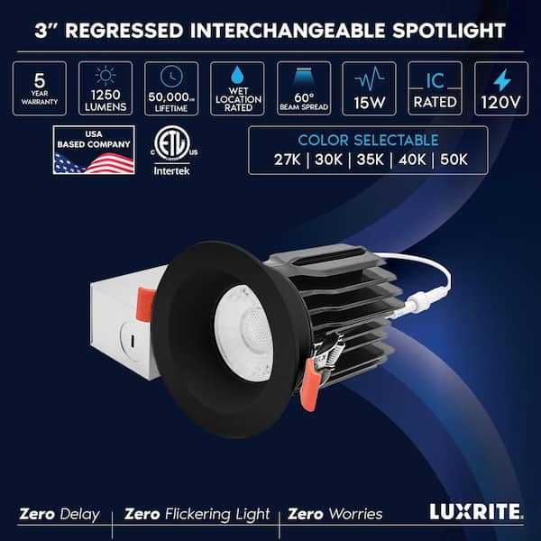 3 In. Integrated LED Regressed Canless Spotlight + Round Black Trim, 5CCT, 15W, 1250LM, CRI90 Dimmable 60° Beam 6 Pack