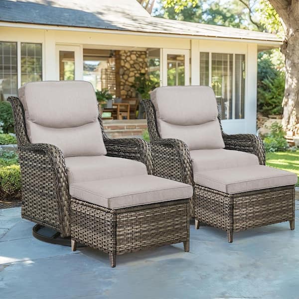 Crescent Gray Wicker Outdoor Rocking Chair Set with 5 in. Thick Beige Cushions, Swivel Rockers and Ottomans (4-Pack)