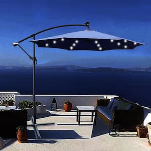 10 ft. Steel Cantilever Solar Patio Umbrella in Navy Blue Offset Hanging Umbrella with 24 Solar LED Light and Cross Base