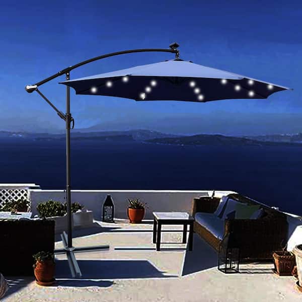 10 ft. Steel Cantilever Solar Patio Umbrella in Navy Blue Offset Hanging Umbrella with 24 Solar LED Light and Cross Base
