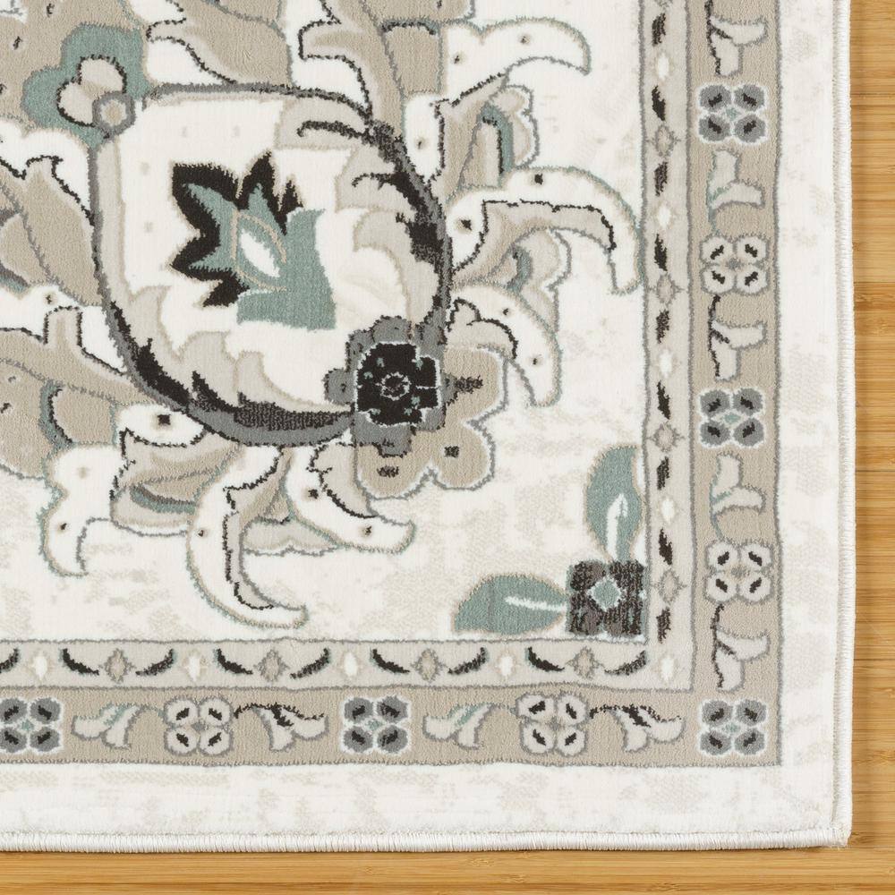 Ivory and Gray Traditional Oriental Floral Border Area Rug