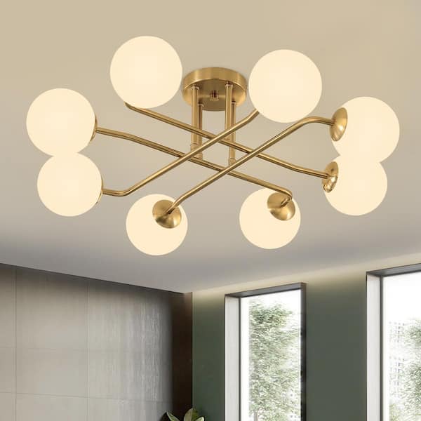 Mid-Century 27.2 in. 8-Light Gold Sputnik Semi-Flush Mount Ceiling Light Fixture with Globe Frosted Glass Shade