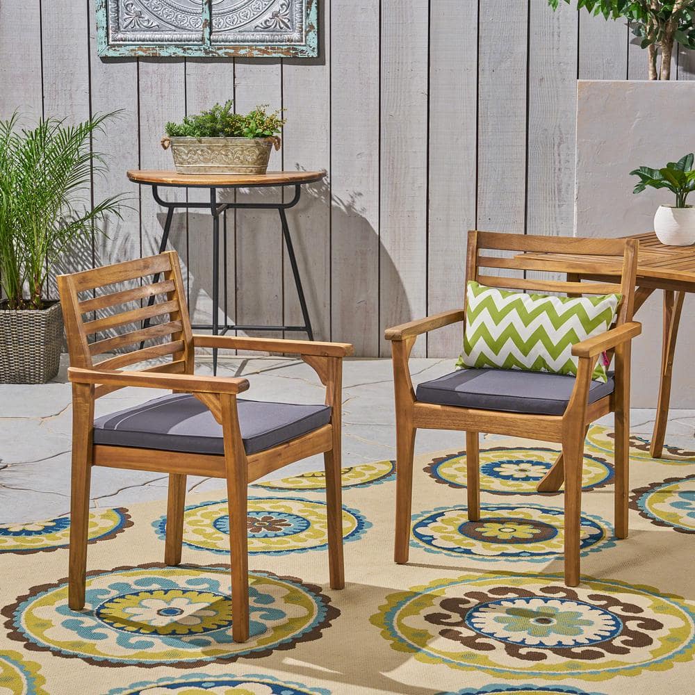 Judson Teak Stationary Wood Outdoor Patio Dining Chair with Dark Gray Cushions (2-Pack)