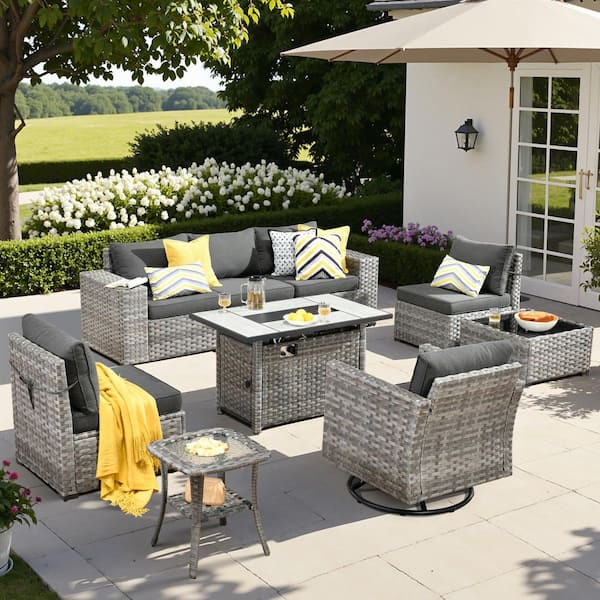 HOOOWOOO Tahoe Grey 9-Piece Wicker Outdoor Patio Rectangle Fire Pit Conversation Sofa Set with a Swivel Chair and Black Cushions