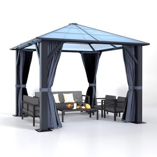 10 ft. x 10 ft. Polycarbonate Hardtop Gazebo-Heavy-Duty Steel Frame Gazebo with Breathable Netting & Privacy Curtain