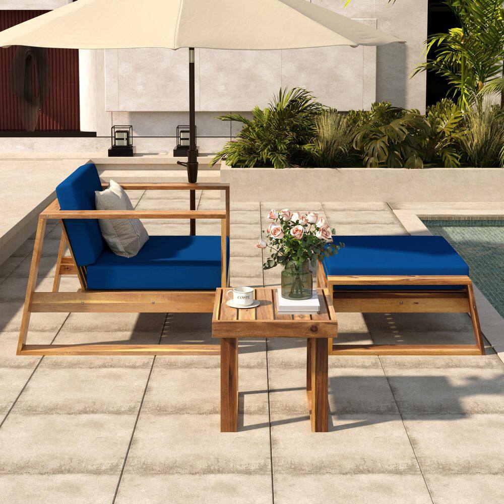 3-Piece Wood Outdoor Lounge Chair Set with Blue Cushions, All-Weather Outdoor Chaise Lounge/Daybed price history on PriceWatchPro