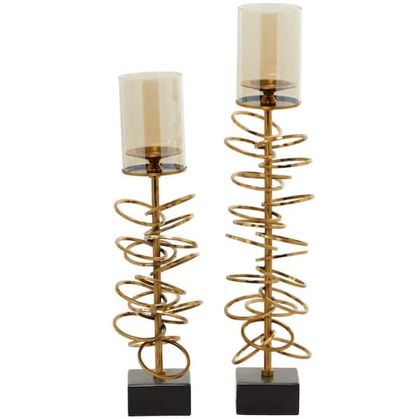 Gold Stainless Steel Open Ring Stand Pillar Hurricane Lamp (Set of 2)
