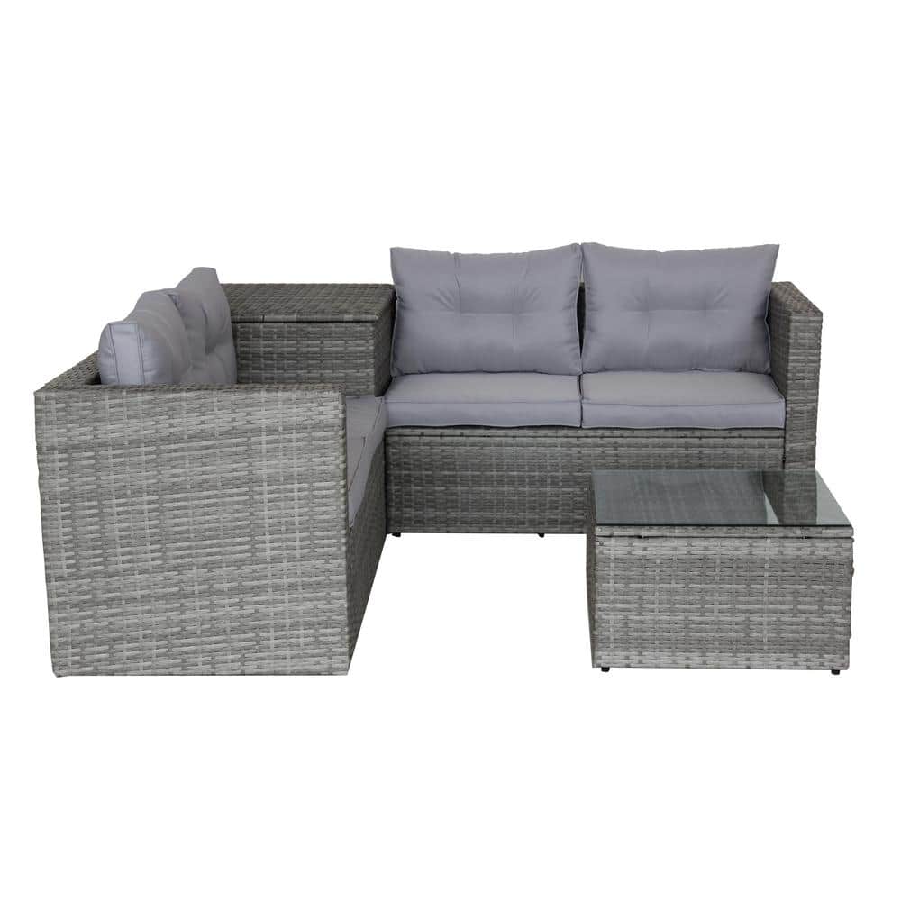 4-Pieces Patio Wicker Outdoor Sectional Set in Grey with Cushions and Stora